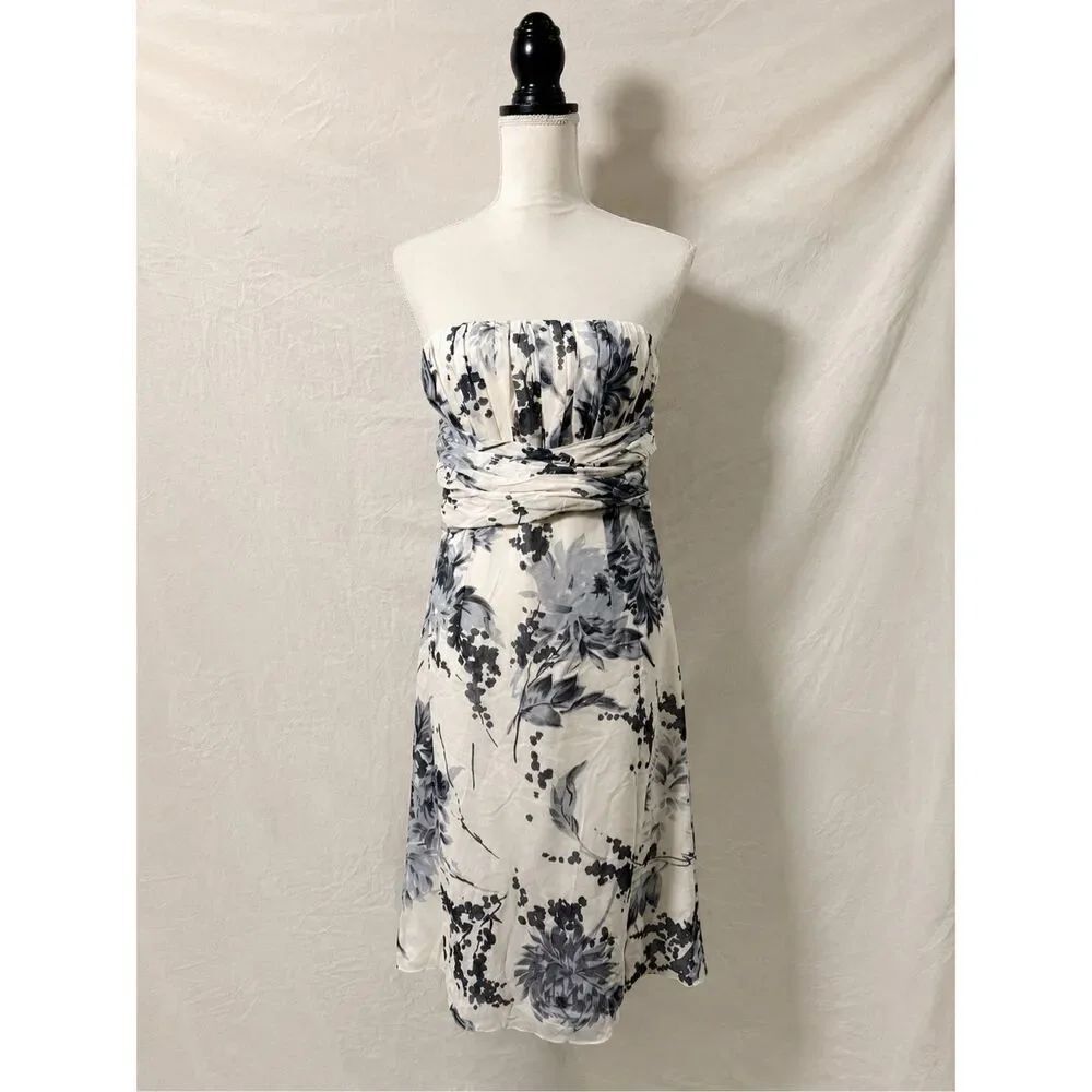 Martha N 100% Silk Floral Strapless Dress Size L Blue White Ruched Midi